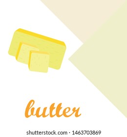 Vector yellow stick of butter. Slices of margarine or spread, fatty natural dairy product. High-calorie food for cooking and eating.