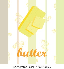 Vector yellow stick of butter. Slices of margarine or spread, fatty natural dairy product. High-calorie food for cooking and eating.