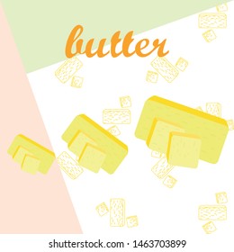 Vector yellow stick of butter. Slices of margarine or spread, fatty natural dairy product. High-calorie food for cooking and eating.
