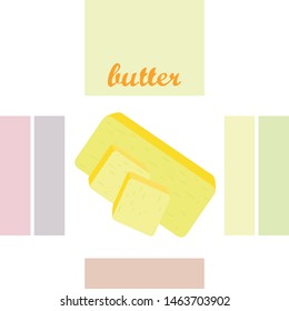 Vector yellow stick of butter. Slices of margarine or spread, fatty natural dairy product. High-calorie food for cooking and eating.