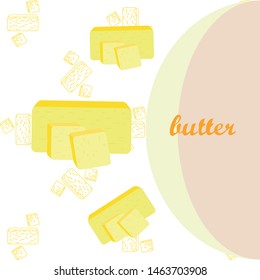 Vector yellow stick of butter. Slices of margarine or spread, fatty natural dairy product. High-calorie food for cooking and eating.