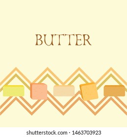 Vector yellow stick of butter. Slices of margarine or spread, fatty natural dairy product. High-calorie food for cooking and eating.
