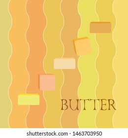 Vector yellow stick of butter. Slices of margarine or spread, fatty natural dairy product. High-calorie food for cooking and eating.