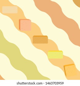 Vector yellow stick of butter. Slices of margarine or spread, fatty natural dairy product. High-calorie food for cooking and eating.