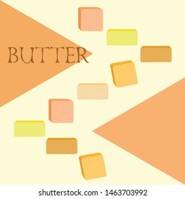 Vector yellow stick of butter. Slices of margarine or spread, fatty natural dairy product. High-calorie food for cooking and eating.