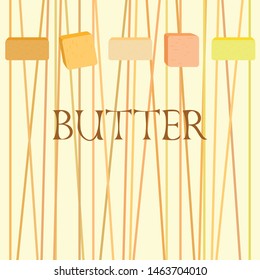 Vector yellow stick of butter. Slices of margarine or spread, fatty natural dairy product. High-calorie food for cooking and eating.