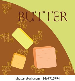 Vector yellow stick of butter. Slices of margarine or spread, fatty natural dairy product. High-calorie food for cooking and eating.