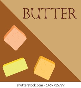 Vector yellow stick of butter. Slices of margarine or spread, fatty natural dairy product. High-calorie food for cooking and eating.