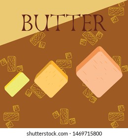 Vector yellow stick of butter. Slices of margarine or spread, fatty natural dairy product. High-calorie food for cooking and eating.