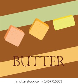 Vector yellow stick of butter. Slices of margarine or spread, fatty natural dairy product. High-calorie food for cooking and eating.