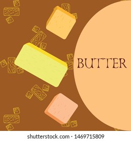 Vector yellow stick of butter. Slices of margarine or spread, fatty natural dairy product. High-calorie food for cooking and eating.