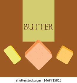 Vector yellow stick of butter. Slices of margarine or spread, fatty natural dairy product. High-calorie food for cooking and eating.