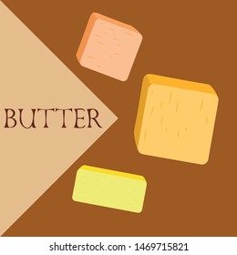 Vector yellow stick of butter. Slices of margarine or spread, fatty natural dairy product. High-calorie food for cooking and eating.