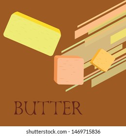 Vector yellow stick of butter. Slices of margarine or spread, fatty natural dairy product. High-calorie food for cooking and eating.
