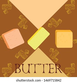 Vector yellow stick of butter. Slices of margarine or spread, fatty natural dairy product. High-calorie food for cooking and eating.