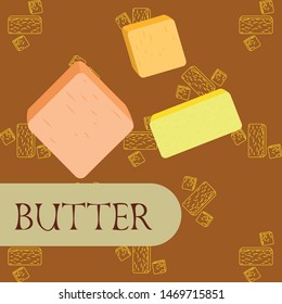 Vector yellow stick of butter. Slices of margarine or spread, fatty natural dairy product. High-calorie food for cooking and eating.