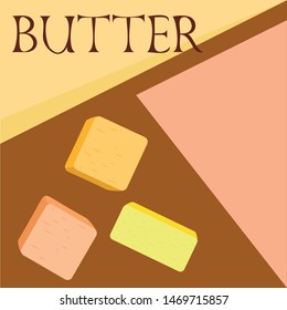 Vector yellow stick of butter. Slices of margarine or spread, fatty natural dairy product. High-calorie food for cooking and eating.