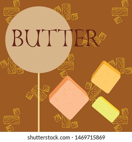 Vector yellow stick of butter. Slices of margarine or spread, fatty natural dairy product. High-calorie food for cooking and eating.