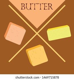 Vector yellow stick of butter. Slices of margarine or spread, fatty natural dairy product. High-calorie food for cooking and eating.