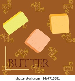 Vector yellow stick of butter. Slices of margarine or spread, fatty natural dairy product. High-calorie food for cooking and eating.