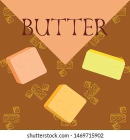Vector yellow stick of butter. Slices of margarine or spread, fatty natural dairy product. High-calorie food for cooking and eating.