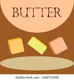 Vector yellow stick of butter. Slices of margarine or spread, fatty natural dairy product. High-calorie food for cooking and eating.