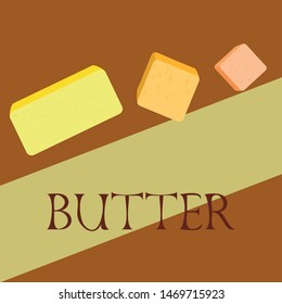 Vector yellow stick of butter. Slices of margarine or spread, fatty natural dairy product. High-calorie food for cooking and eating.