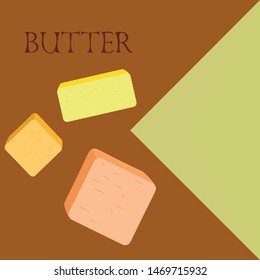 Vector yellow stick of butter. Slices of margarine or spread, fatty natural dairy product. High-calorie food for cooking and eating.