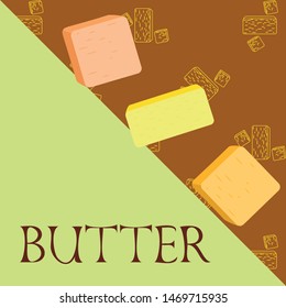 Vector yellow stick of butter. Slices of margarine or spread, fatty natural dairy product. High-calorie food for cooking and eating.
