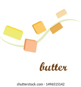 Vector yellow stick of butter. Slices of margarine or spread, fatty natural dairy product. High-calorie food for cooking and eating.