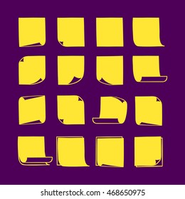 Vector yellow stick notes, collection of hand-drawn sheets of note paper with place for your text and message, isolated sticky note with curled corners, EPS 8