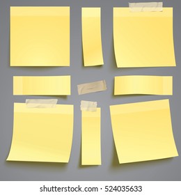 Vector yellow sticky note with adhesive tape isolated on grey background