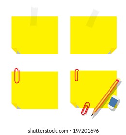 vector of yellow sticky notice papers with stationery on white background