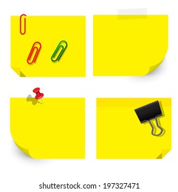 vector of yellow sticky notice papers with stationery on white background