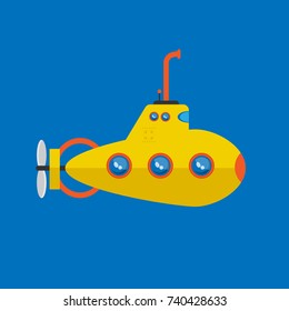 Vector Yellow Submarine with periscope isolated on blue background - Flat design. 