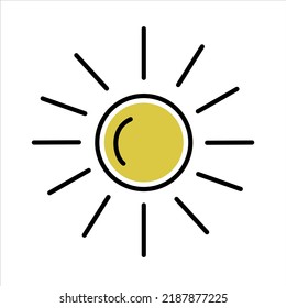 Vektorgelbe Sonne mit schwarzem Umriss und direktem Rochen. Sommer, Urlaubsthema.