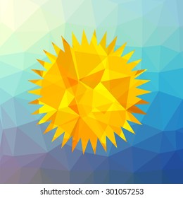 Vector Yellow Sun Icon on Blue Sky Polygonal Background