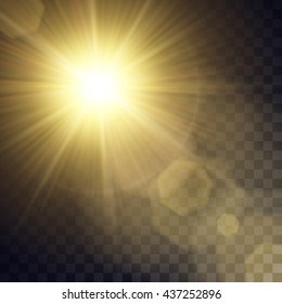 Vector yellow sun with light effects. Rays, hotspots, halo and flares on transparent like background. Contains clipping mask.