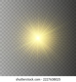 Vector yellow sun with rays and glow on a transparent background. Contains clipping mask.