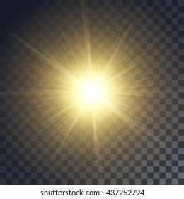 Vector yellow sun with rays and glow on transparent like background. Contains clipping mask. - Shutterstock ID 437252794