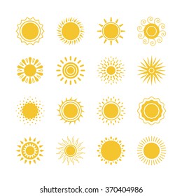 Vector yellow sun symbols. Sun and sunshine icons collection on white background