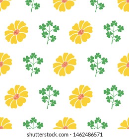 Vector yellow sunflower and green leaf seamless pattern background