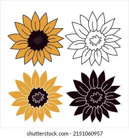 Vector yellow sunflower isolated on white background. Hand drawn flat Sunflower illustration. Summer flower clipart.