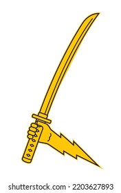 Vektorgelbes Symbol einer Hand, die eine Katana hält. Blitz. Einzeln auf weißem Hintergrund.