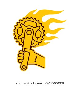 Vector yellow symbol of a hand holding a burning bicycle crank. Isolated on white background.