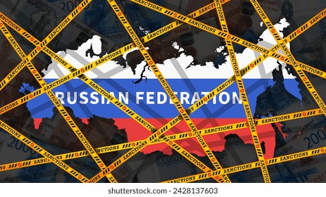 Vector yellow tapes with the inscription, sanctions, wrapped around the new map of the Russian, painted in the colors of the flag. Economic isolation of Russia. Pixel banknotes 1000, 2000, 5000 rubles