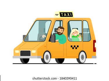 vector yellow Taxi car with a bearded man driver and a girl passenger in the back seat; with The Checkers or Top Light Box on the roof, clear glass. Modern flat vector illustration isolated.