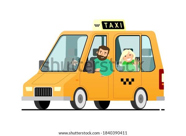 vector yellow Taxi car with a bearded man\
driver and a girl passenger in the back seat; with The Checkers or\
Top Light Box on the roof, clear glass. Modern flat vector\
illustration isolated.