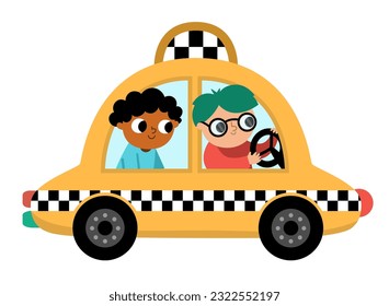Vehículo de taxi amarillo con conductor y pasajero. Un taxi divertido para los niños. Imagen de clip de vehículo corto. Icono de transporte retro aislado en fondo blanco

