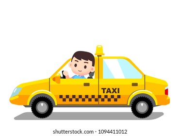 Vector yellow taxi car and a male driver character